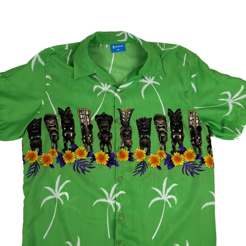 OnShore Hawaiian Shirt Mens Size Medium Green Tiki Statues Tropical Palm Trees S - Picture 2 of 11